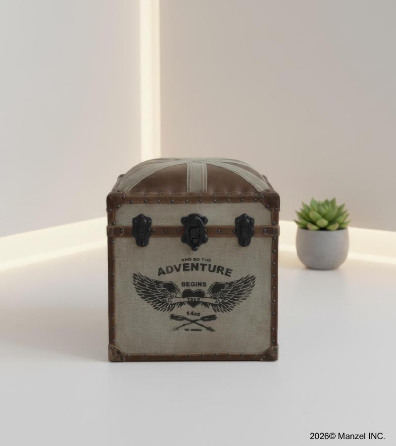 Canvas, Leather + Wood Storage Ottoman