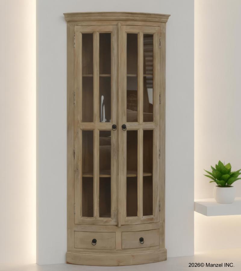 SOLID WOOD & GLASS CORNER CABINET W/ 2 DRAWERS