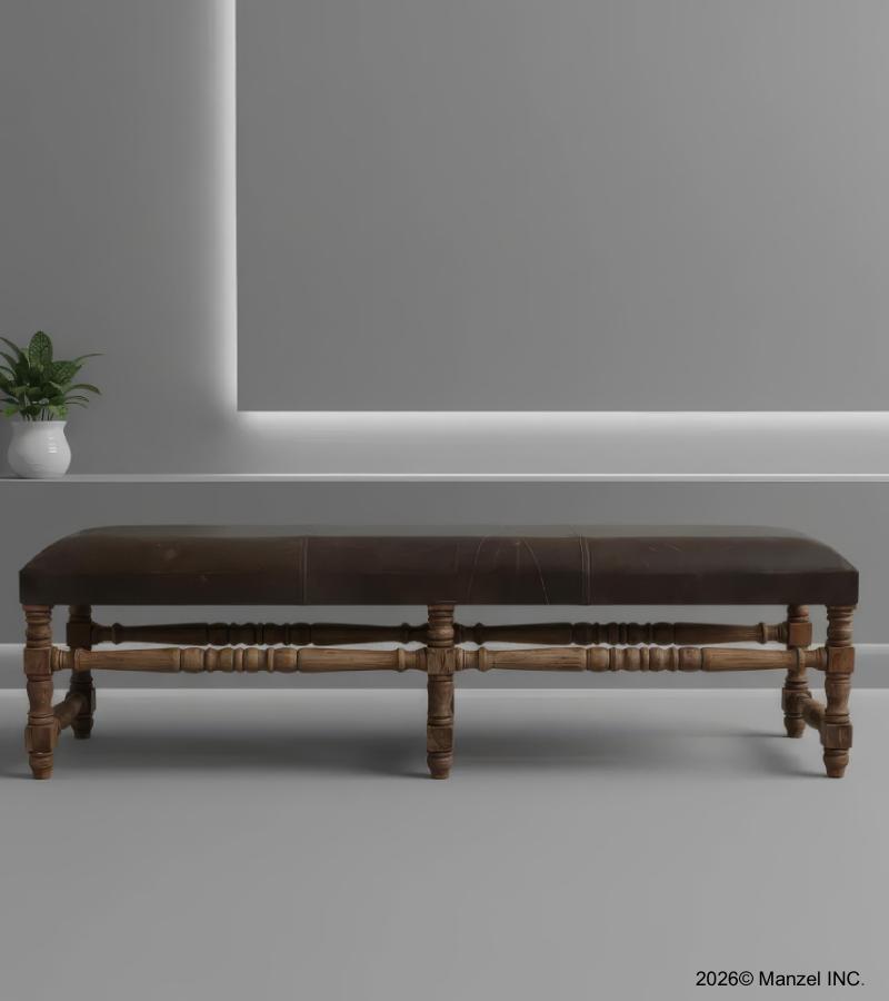 SOLID WOOD & UPHOLSTERED LEATHER BENCH