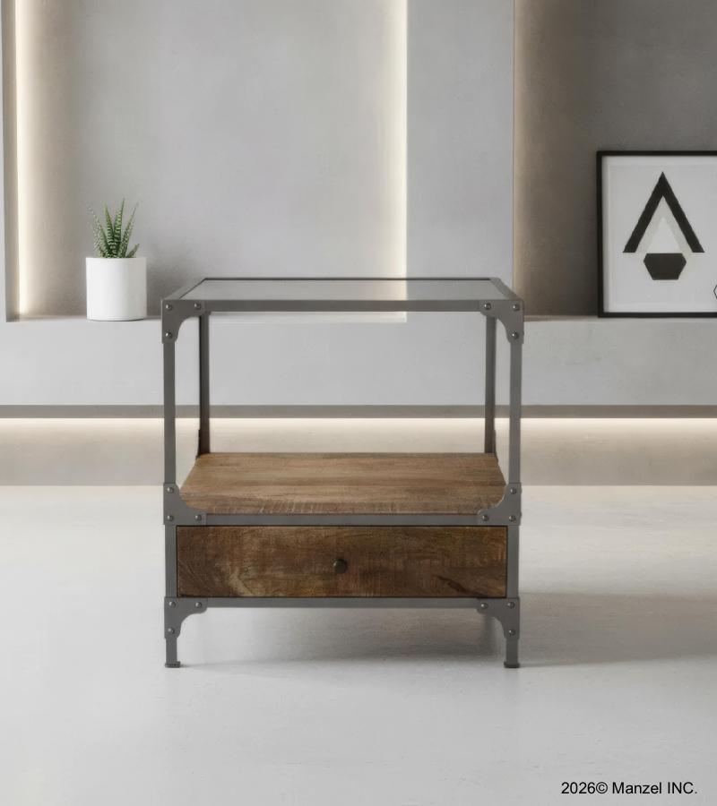 SOLID WOOD & IRON 1 DRAWER END TABLE NIGHTSTAND