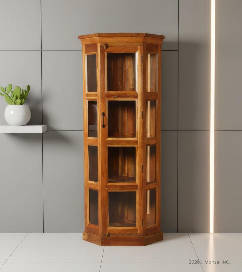 SOLID RECLAIMED TEAK WOOD & GLASS CORNER CABINET