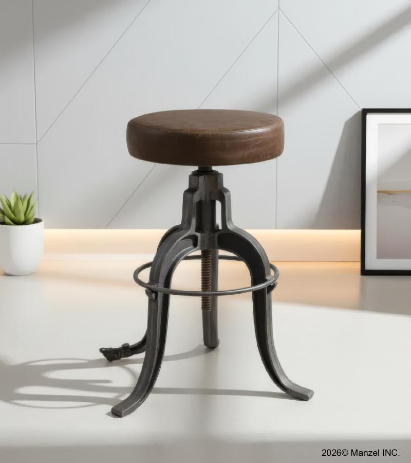 ADJUSTABLE HEIGHT IRON & LEATHER STOOL