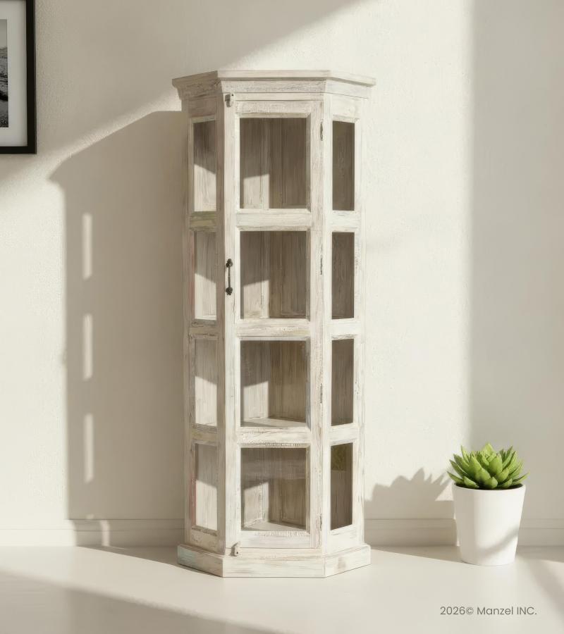 SOLID RECLAIMED TEAK WOOD & GLASS CORNER CABINET