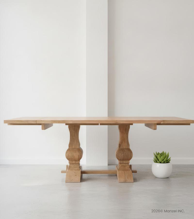 SOLID WOOD PEDESTAL EXTENSION DINING TABLE