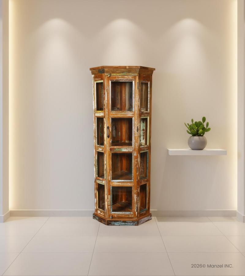 SOLID RECLAIMED TEAK WOOD & GLASS CORNER CABINET