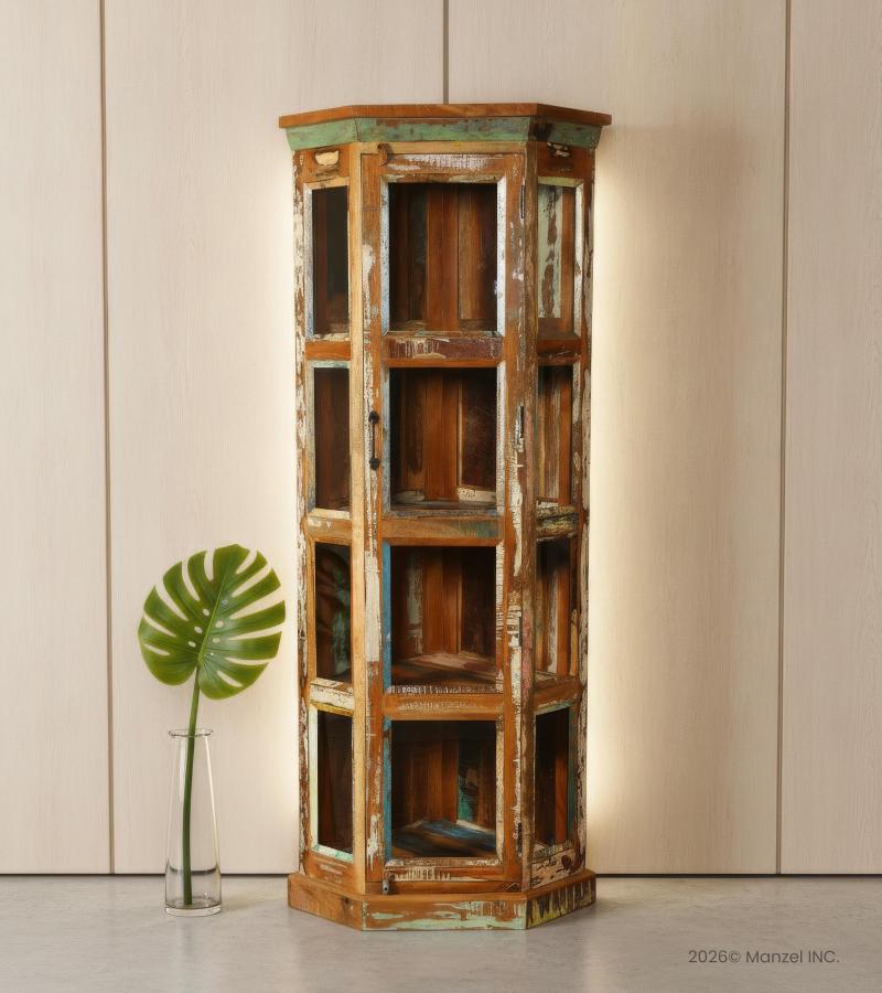 SOLID RECLAIMED TEAK WOOD & GLASS CORNER CABINET