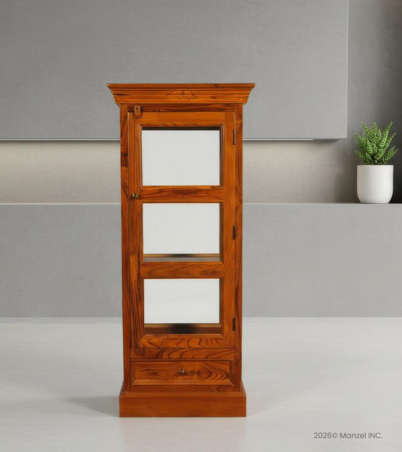 SOLID RECLAIMED TEAK WOOD & GLASS DISPLAY CABINET W/ 1 DRAWER