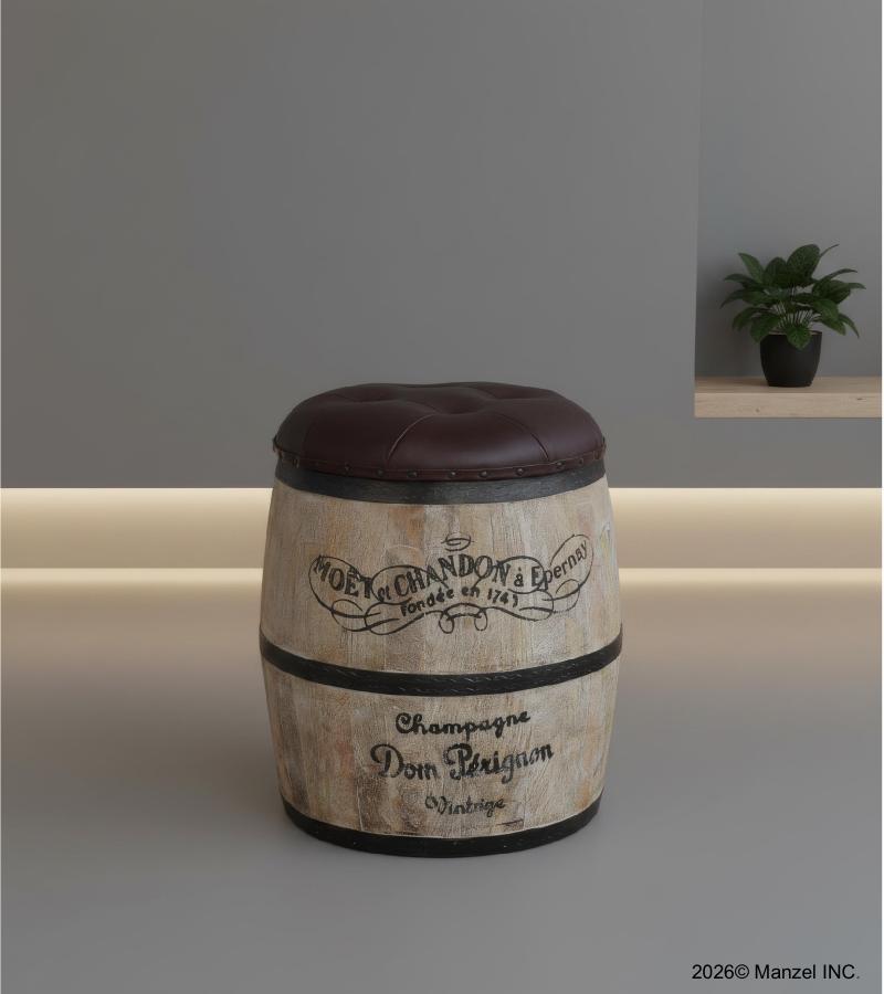 Wood Barrel Storage Stool w/ Leather Upholstered Top