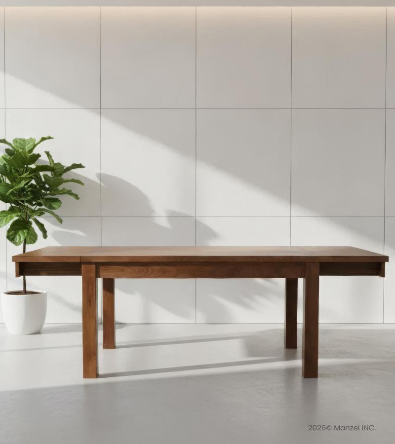 EXTENDABLE SOLID WOOD DINING TABLE W/ SELF-STORING EXTENSIONS