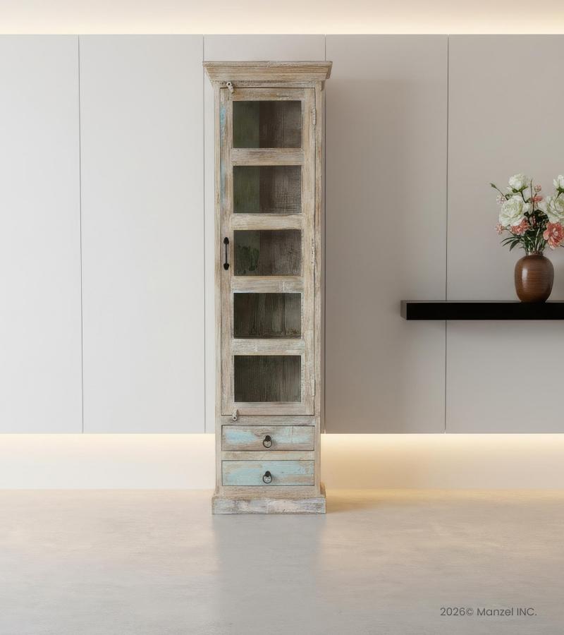 SOLID RECLAIMED TEAK WOOD & GLASS DISPLAY CASE TOWER WITH 2 DRAWERS