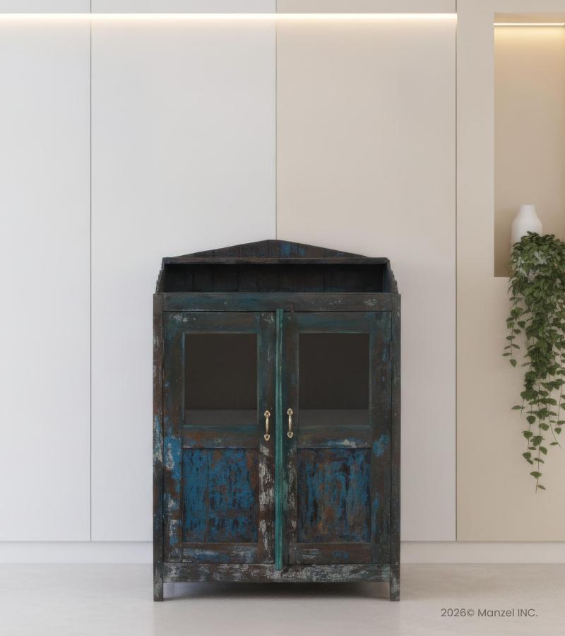 VINTAGE RECLAIMED TEAK & GLASS CABINET