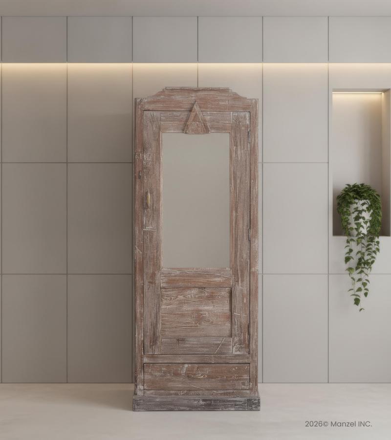 VINTAGE RECLAIMED TEAK & GLASS CABINET