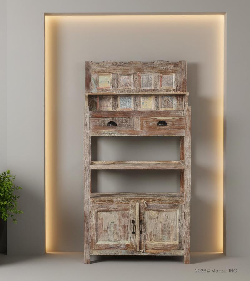 RECLAIMED TEAK STORAGE / DISPLAY RACK - DRAWERS, SHELVES & CABINET