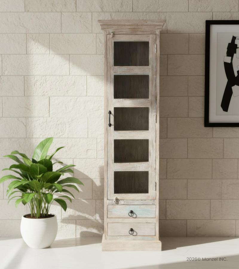 SOLID RECLAIMED TEAK WOOD & GLASS DISPLAY CASE TOWER WITH 2 DRAWERS