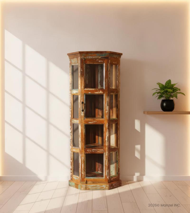 SOLID RECLAIMED TEAK WOOD & GLASS CORNER CABINET