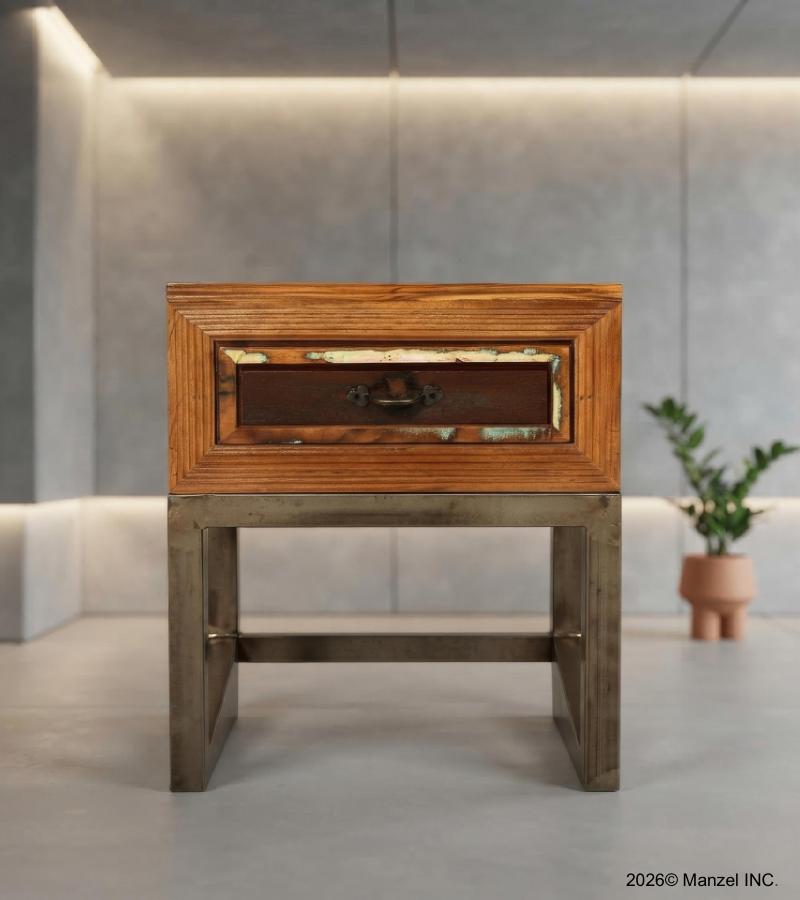 SOLID RECLAIMED TEAK WOOD & IRON NIGHTSTAND END TABLE W/ DRAWER