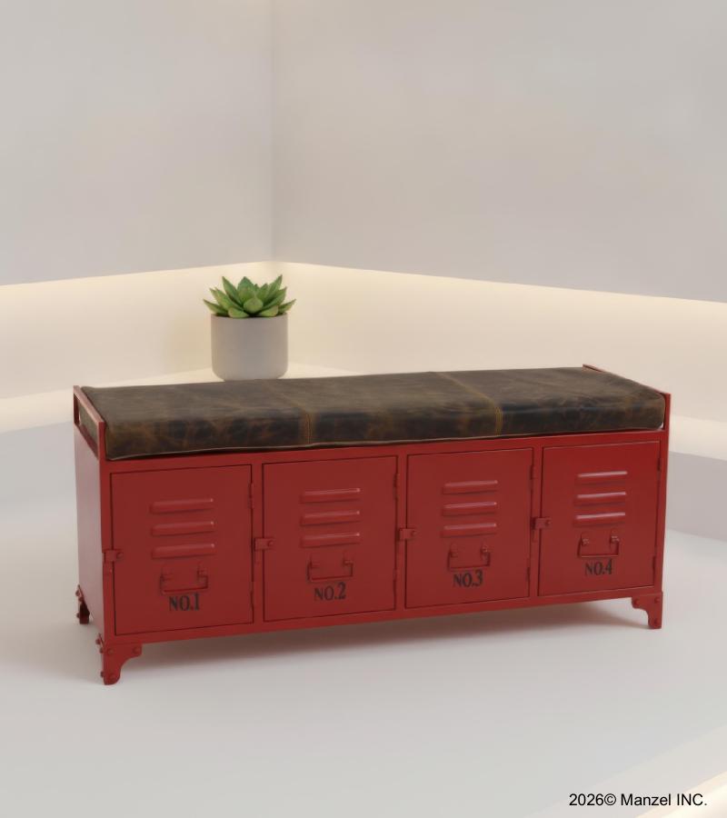 IRON LOCKER BENCH W/ LEATHER UPHOLSTERED SEAT