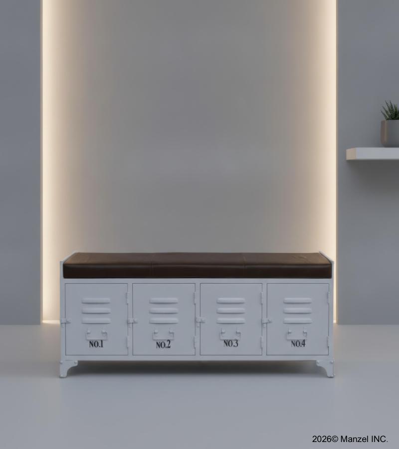 IRON LOCKER BENCH W/ LEATHER UPHOLSTERED SEAT