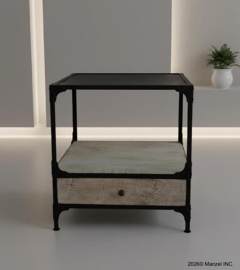 SOLID WOOD & IRON 1 DRAWER END TABLE NIGHTSTAND