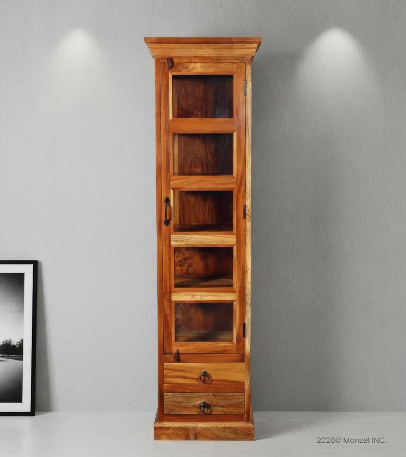 SOLID RECLAIMED TEAK WOOD & GLASS DISPLAY CASE TOWER WITH 2 DRAWERS