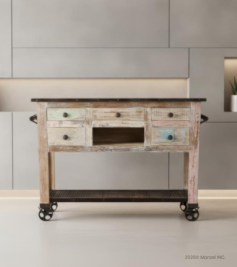 SOLID RECLAIMED TEAK WOOD CONSOLE ISLAND ON CASTERS W/ 5 DRAWERS