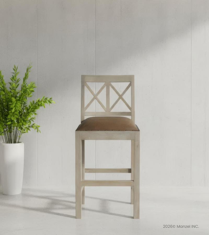 SOLID WOOD COUNTER STOOL W/ FULL HIDE LEATHER SEAT