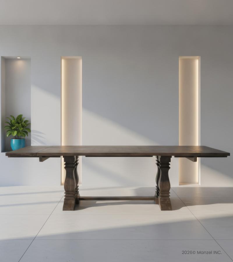 SOLID WOOD PEDESTAL EXTENSION DINING TABLE