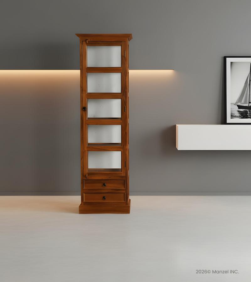 SOLID RECLAIMED TEAK WOOD & GLASS STORAGE CABINET TOWER W/ DRAWERS