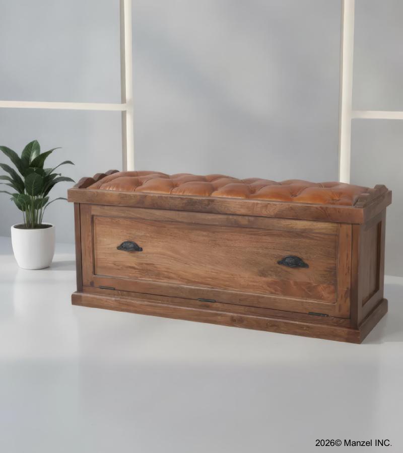Wood Trunk w/ Upholstered Leather Top