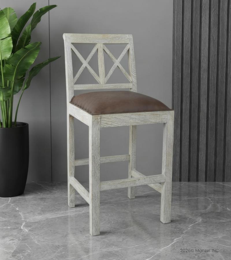SOLID WOOD COUNTER STOOL W/ FULL HIDE LEATHER SEAT