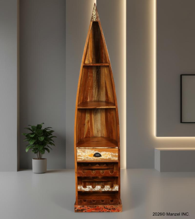 RECLAIMED WOOD BOAT NAUTICAL WINE RACK BOOKCASE W/ SHELVES