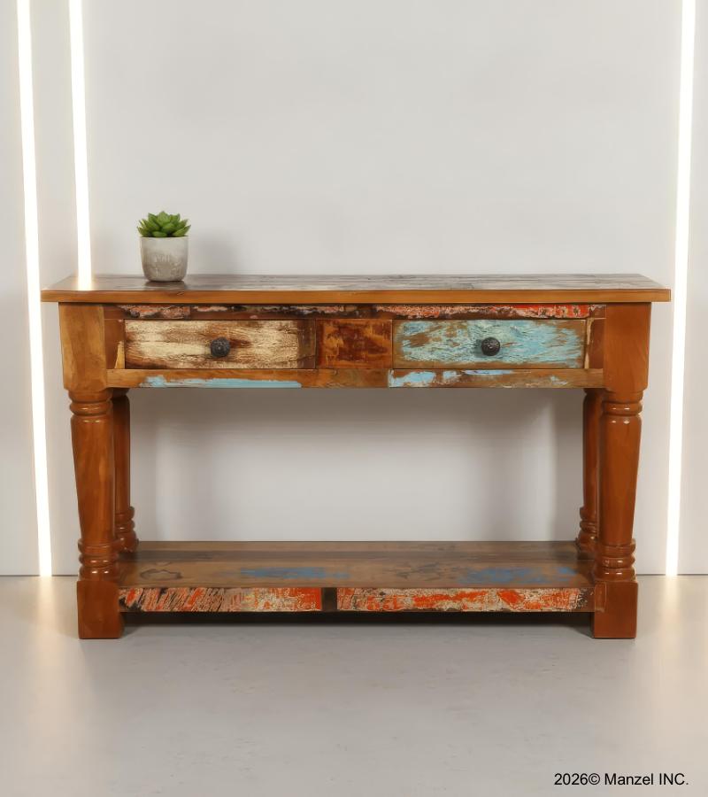 SOLID RECLAIMED TEAK WOOD CONSOLE WITH 2 DRAWERS & SHELF