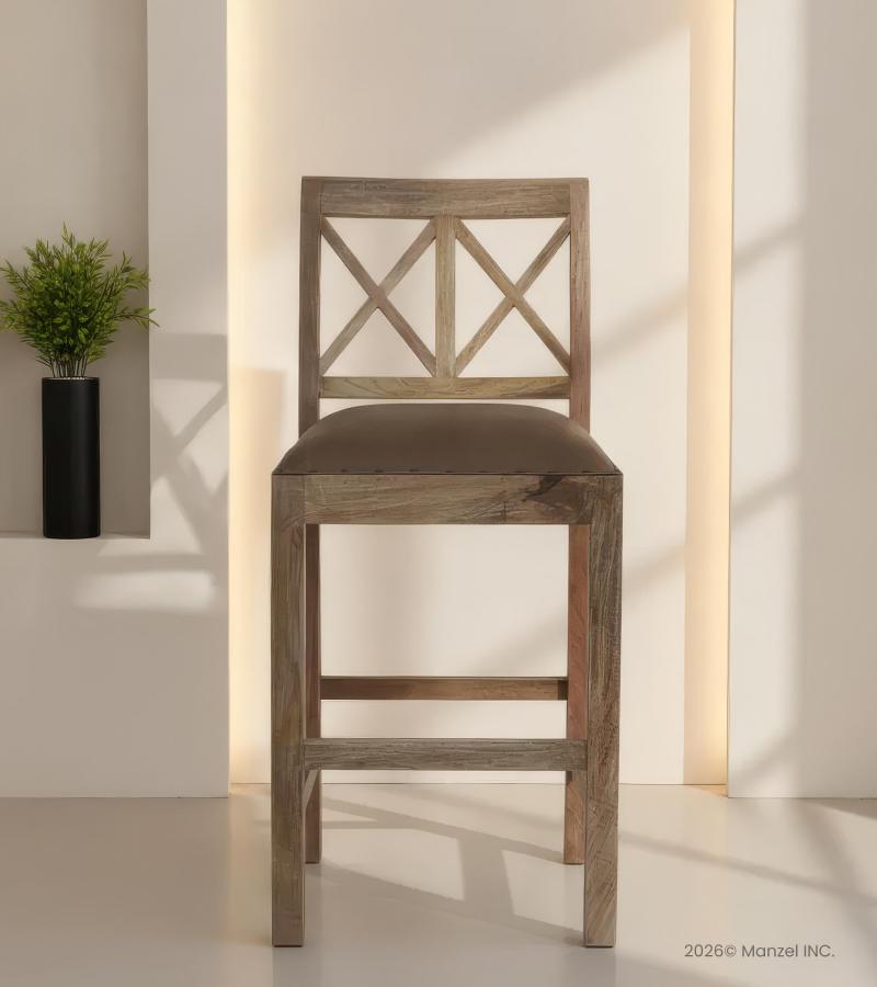 SOLID WOOD COUNTER STOOL W/ FULL HIDE LEATHER SEAT