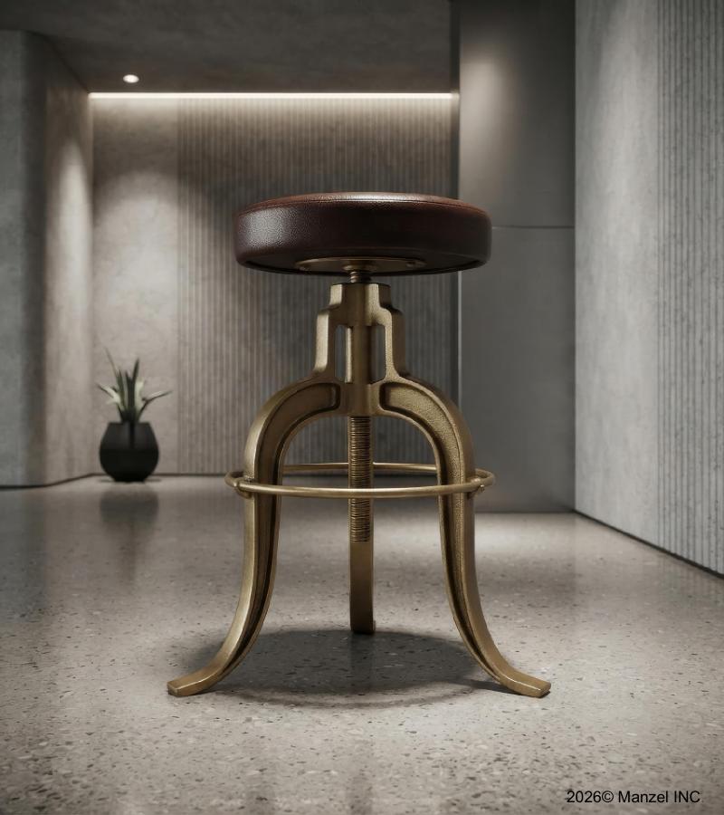 ADJUSTABLE HEIGHT IRON & LEATHER STOOL