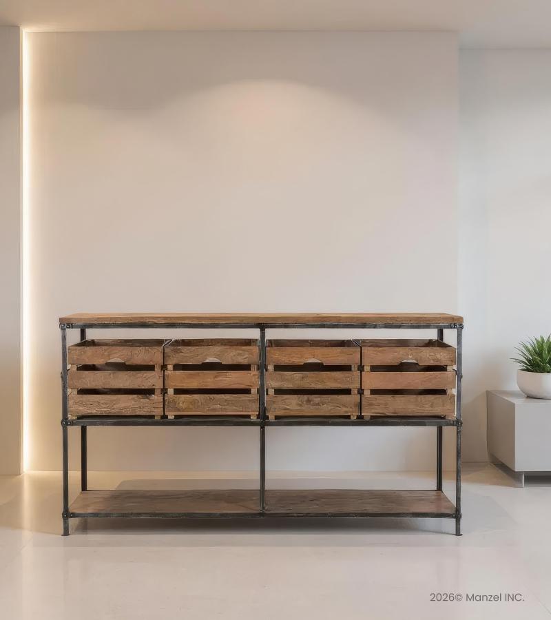 SOLID WOOD & IRON CONSOLE W/ BASKETS