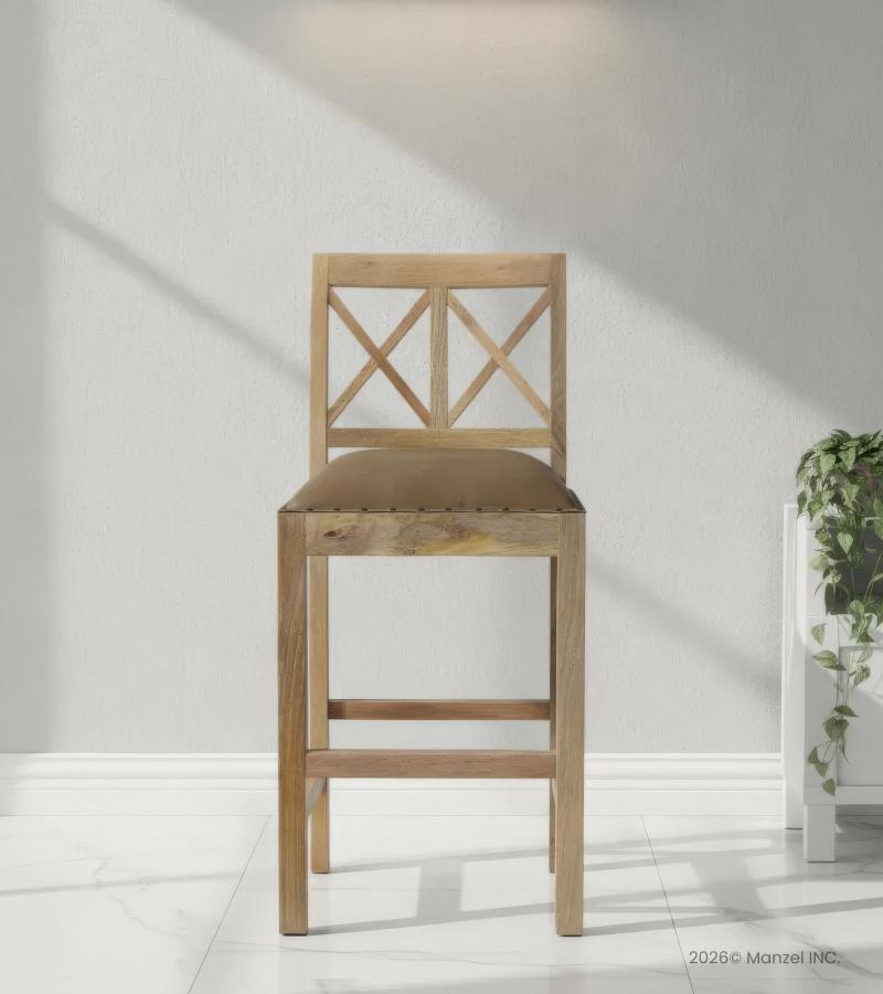 SOLID WOOD COUNTER STOOL W/ FULL HIDE LEATHER SEAT