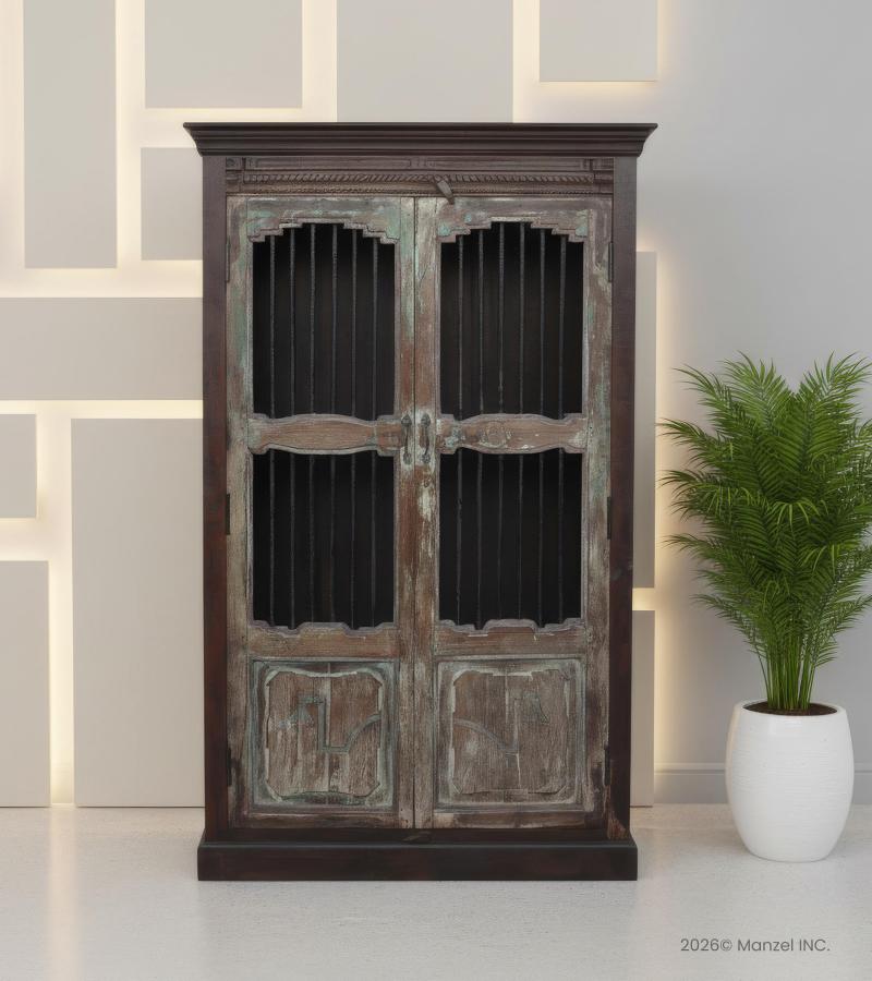 VINTAGE RECLAIMED TEAK WOOD & IRON CABINET DISPLAY CASE 