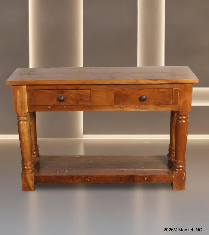 SOLID RECLAIMED TEAK WOOD CONSOLE WITH 2 DRAWERS & SHELF