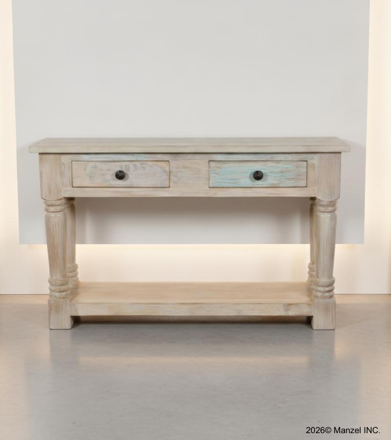 SOLID RECLAIMED TEAK WOOD CONSOLE WITH 2 DRAWERS & SHELF