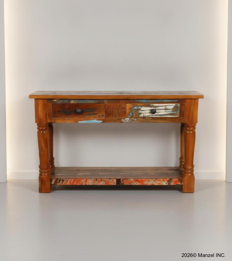 SOLID RECLAIMED TEAK WOOD CONSOLE WITH 2 DRAWERS & SHELF