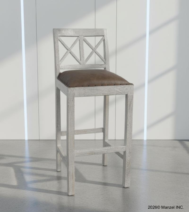 SOLID WOOD BAR STOOL W/ FULL HIDE LEATHER SEAT
