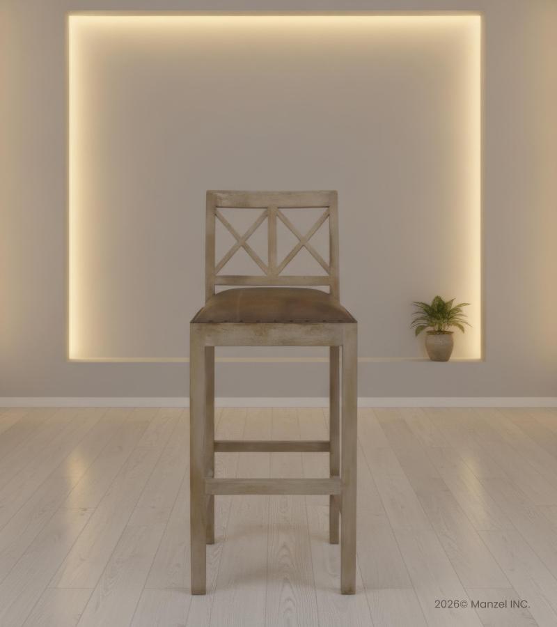 SOLID WOOD BAR STOOL W/ FULL HIDE LEATHER SEAT