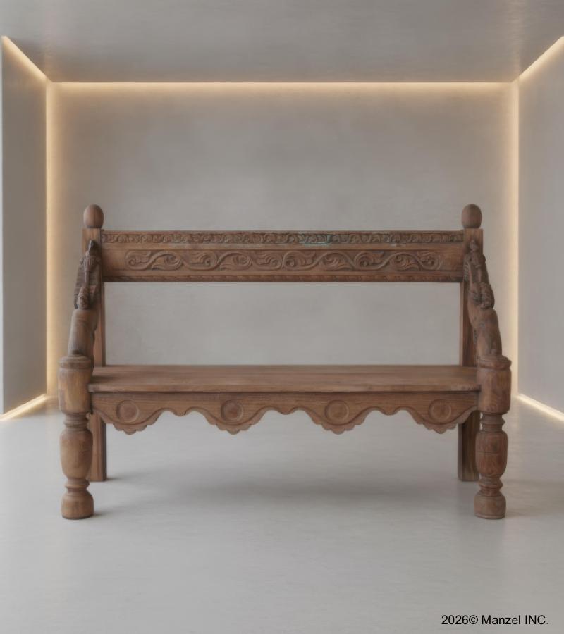 RECLAIMED CARVED TEAK WOOD BENCH