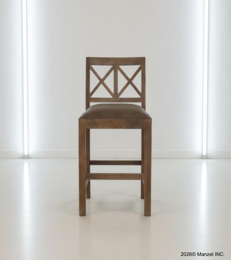SOLID WOOD COUNTER STOOL W/ FULL HIDE LEATHER SEAT