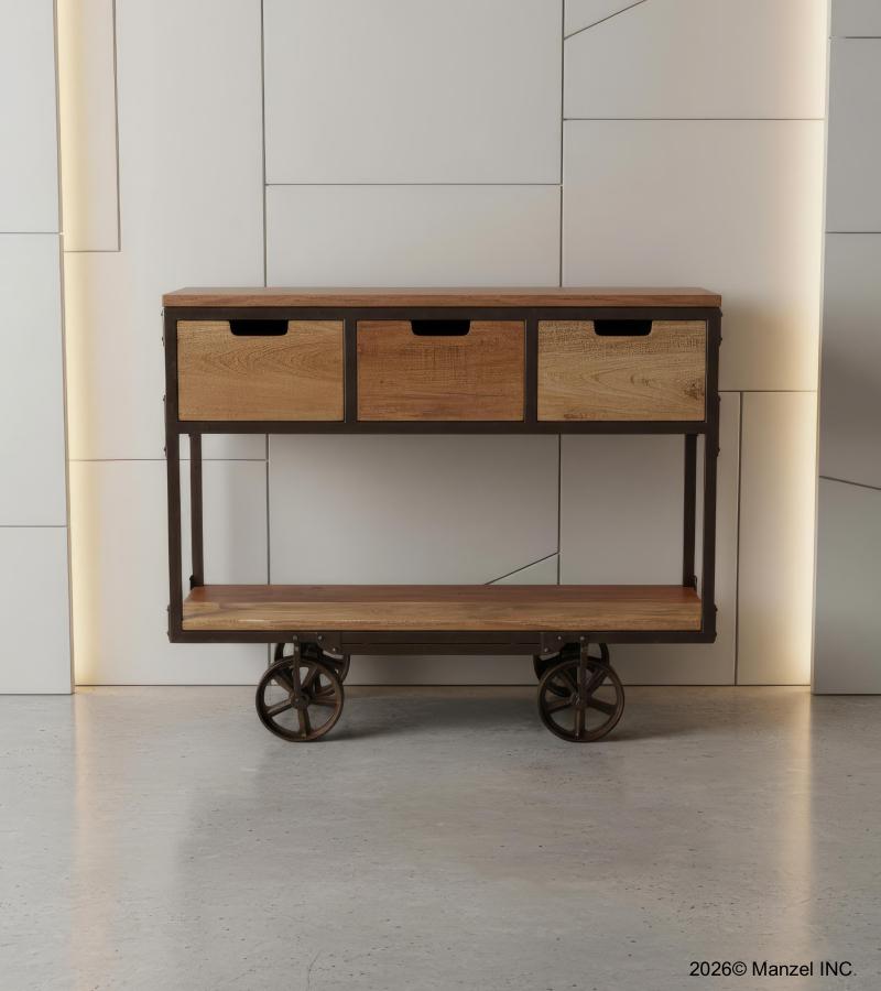 SOLID WOOD & IRON 3 DRAWER TROLLEY CONSOLE 