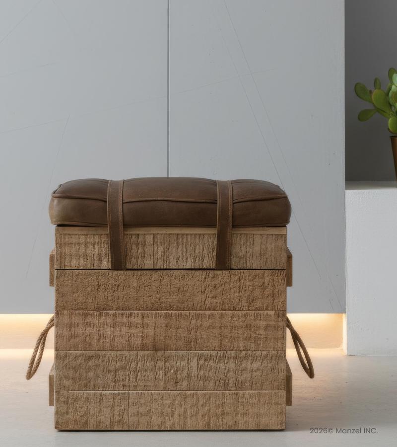 SOLID WOOD & LEATHER STOOL 