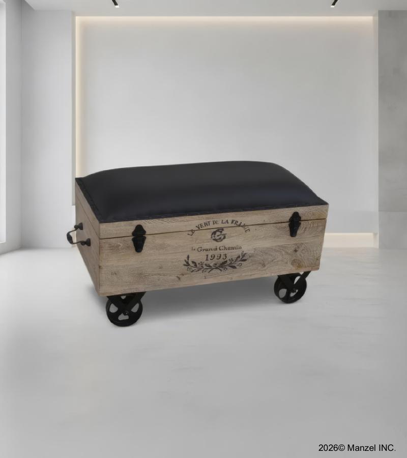 SOLID WOOD & LEATHER TRUNK ON WHEELS