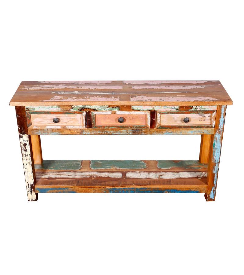 SOLID RECLAIMED TEAK WOOD CONSOLE WITH 3 DRAWERS & SHELF