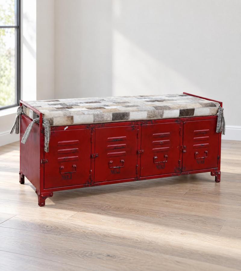 IRON & LEATHER LOCKER STYLE BENCH TRUNK W/ 4 STORAGE COMPARTMENTS