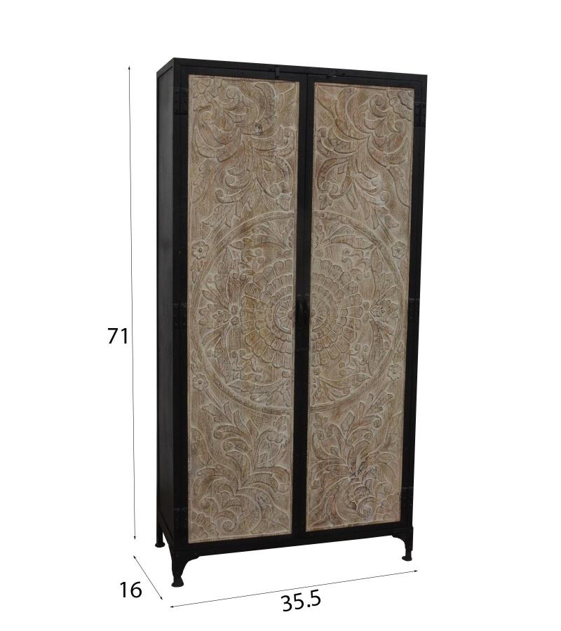 SOLID CARVED WOOD + METAL DOUBLE DOOR CABINET